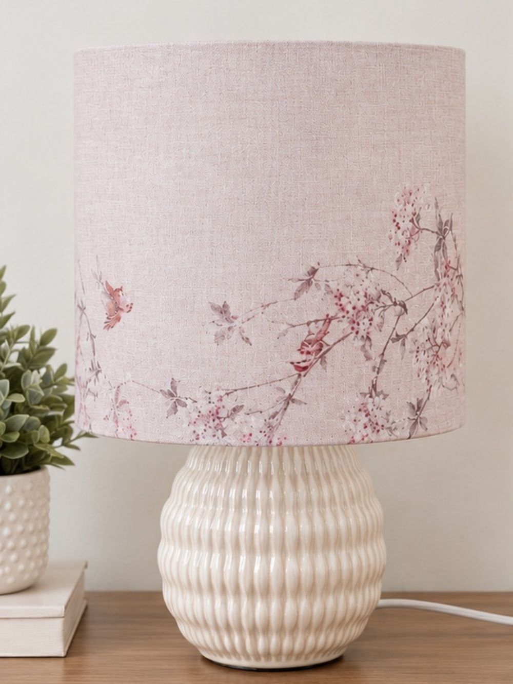 Soft 
Pink Floral Table Lamp with Cream Ceramic Base, Cherry Blossom Lamp